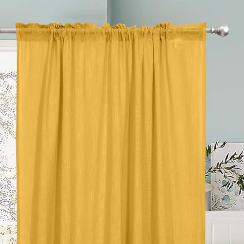 Image of THE LINEN COMPANY Cotton Linen Solid Sheer Window Curtain with Rod Pocket Design, 4 Feet Length, Lightweight Breathable Fabric, Elegant Mustard Color, Living Room & Bedroom Curtain, Pack of 1.