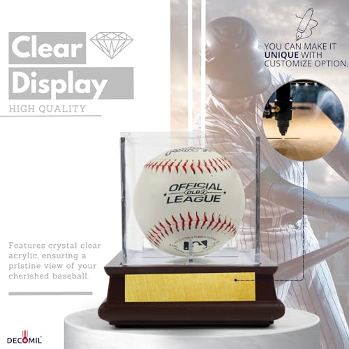 DECOMIL - UV Single Baseball Display Case, Holder - UV Protection Acrylic Cube with Wooden Stand Cherry Finish Customize, Upgraded, Name Plate
