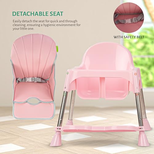 Image of Baybee Invictus 3-in-1 High Chair for Kids - Convertible Baby Feeding Chair with Adjustable Height & Footrest, Detachable Tray, Safety Harness & Cushioned Seat - Booster Chair for 6 Months to 4 Years (Pink)