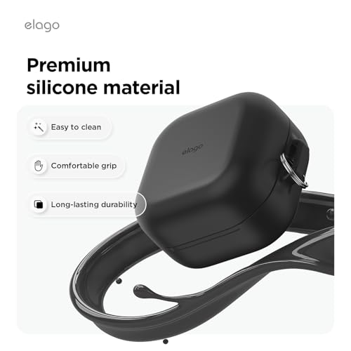 Image of elago Premium Silicone Case with Carabiner, Compatible with Samsung Galaxy Buds 4 Pro Case & Galaxy Buds 4 Case, Full Protection, Wireless Charging, Headphone Accessories, for Men, Women (Black)