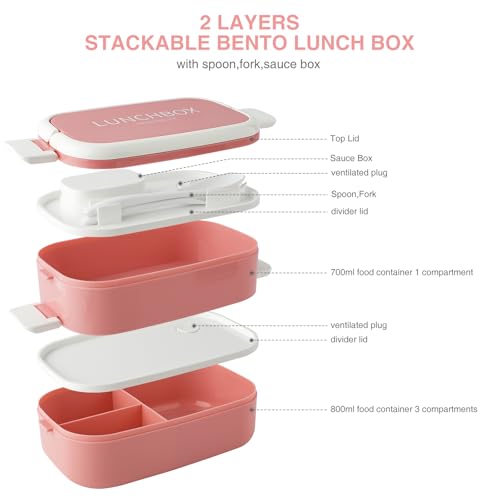 Beeptrum Bento Lunch Box Stackable,1400ml Containers with 4 Compartments and Cutlery, Leakproof 2 Layer Boxes - Image 2