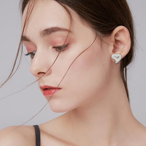 Iced out Cubic Zirconia Heart Stud Earrings for Women Sensitive Ear Dainty Trendy 925 Sterling Silver Post Sparkly Diamond Hollow Heart Hypoallergenic Studs Wedding 6