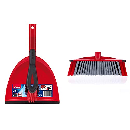 Vileda Kehrset 2-in-1 mit extra Borsten für Sauberkeit in den Ecken, rot & 3Action Besen - Kombination von 3 Borsten - für Staub, groben Schmutz und Haare und für Ecken