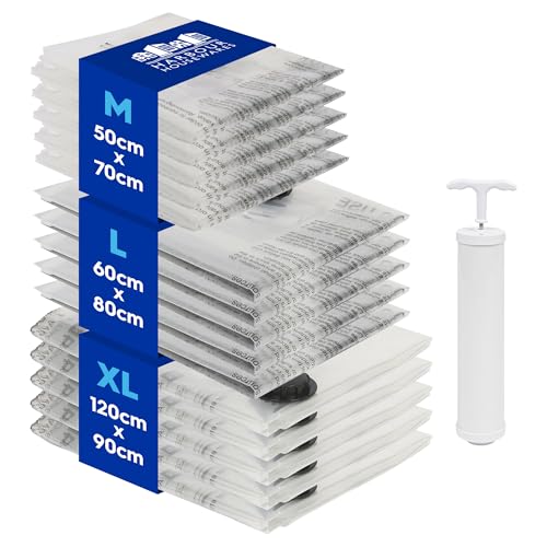 Harbour Housewares Vacuum Storage Bags with Hand Pump - 3 Sizes - White - Pack of 15 Heavy Duty Reusable Plastic Clothes Duvet Bedding Travel Moving Packing Space Saver Organiser Zip Lock Bag