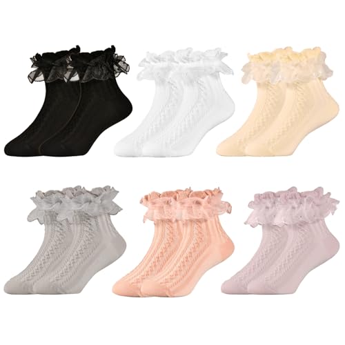 KUANINUNAR 6 Packs Little Girls Cotton Lace Socks Ruffle Frilly Crew Casual Comfortable Princess Style Dress Socks for Infant (US, Age, 6 Years, 8 Years, 6 Packs 01)