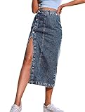 Grey Blue Midi Jean Skirt for Women Button Up Jean Skirt Solid High Waist Stretch Long Denim Skirts with Slit