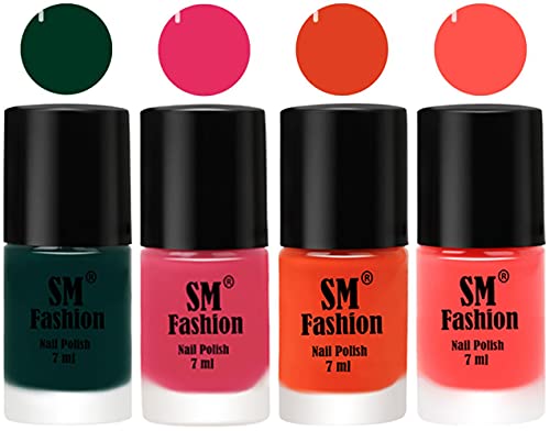 Image of Nail Polish Combo Set (Pack of 4) Quick Dry Gel Finish Nail Paint | Dark Green,Dark Rose Pink,Reddish Orange ,Baby Pink | 7 ml Each