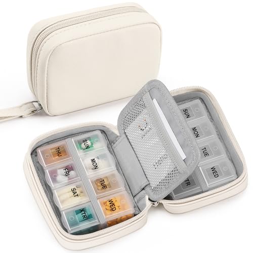 Image of Zannaki Cute Pill Organizer for Purse with Two Removable 7-Day Pill Box, Travel PU Leather Pill Case, Portable Weekly Pill Container with Storage Bag to Hold Vitamins, Fish Oils, Supplements (Beige)