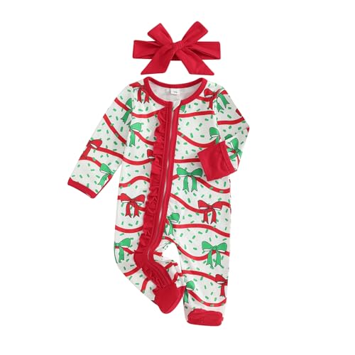 Image of Newborn Baby Girl Christmas Outfit Bow Print Zipper Footie Romper Ruffle Long Sleeve Bodysuit Jumpsuit Xmas Clothes