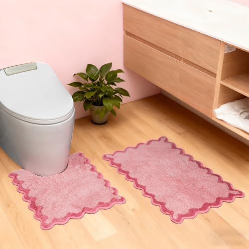 ORTIGIA Cute Scalloped Bathroom Rugs Set,Candy Pink Plush Microfiber Scallop