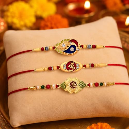 Image of Periept Golden Rakhi Thread Bracelets for Brother - Traditional Indian Festival Bands for Raksha Bandhan, Handmade Ethnic Rakhi Combo with Decorative Packaging
