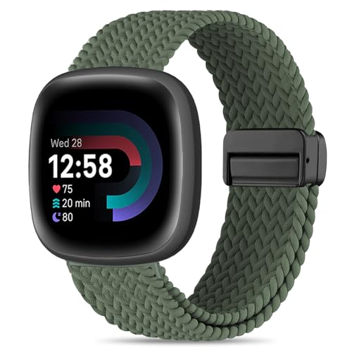 Image of HSWAI Magnetic Braided Compatible with Fitbit Versa 4 Bands for Women /Versa 3 /Sense /Sense 2 Bands, Soft Stretchy Sport Strap Woven Loop Elastic Nylon Wristbands Men
