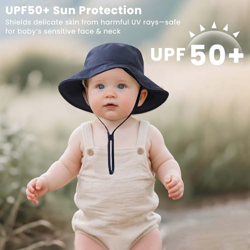 Konssy Baby Sun Hat 2 Pack, UPF 50+ Infant Bucket Hat, Summer Beach Hats with Wide Brim Adjustable Chin Strap, Soft-Lined - image 3