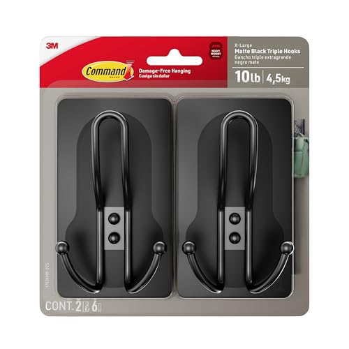 Command X-Large Matte Black Triple Hook 2 Hooks 6 Strips Damage-Free Hanging with Adhesive Strips No Tools Wall Hook for Hanging Decorations in Living Spaces