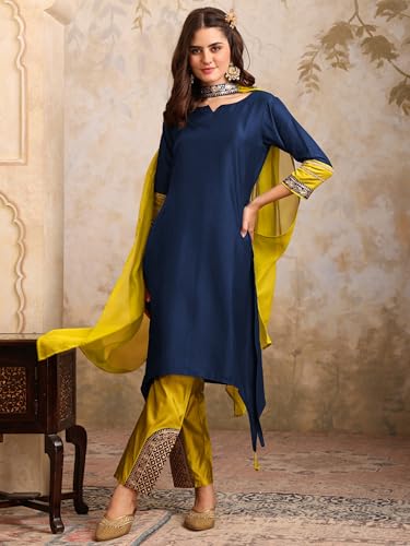 Image of EthnicJunction Women's Cotton Silk Embroidered Asymmetric Kurta Pant with Choker Dupatta Set | Wedding Outfit | Heavy | Kurta Set | Ethnic Set