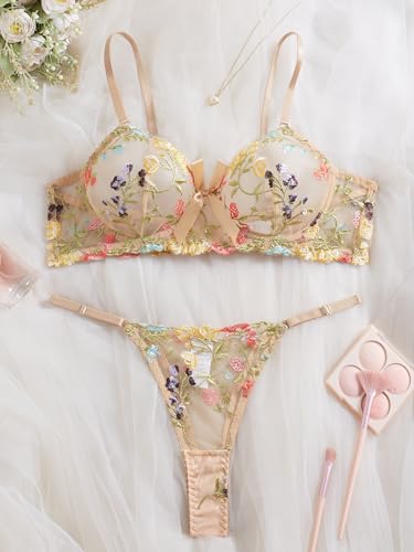 Image of Sexy Floral Embroidered Flower Mesh Underwire Push Up Lingerie Set