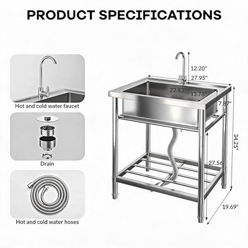 Garvee Stainless Steel Utility Sink, 28X20X34 in Single Bowl Free Standing Sink with Faucet, Cold & Hot Water Pipe, Storage Shelf and Drain Kit, for Kitchen, Bathroom, Laundry, Garage by Garvee - Used condition - Image 3