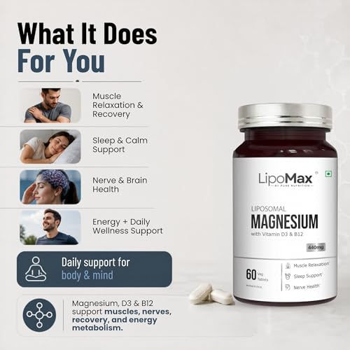 Image of LipoMax Liposomal Magnesium Glycinate Supplement 440mg With Vitamin D3 & B12 | Magnesium Tablets For Muscle Relaxation, Sleep Support & Nerve Health - 60 Veg Tablets