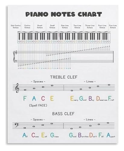 Piano Music Theory Poster Educational Wall Art Metal Tin Sign Treble Bass Clef Chart for Students Teachers(Framed,08x12inch(20x3