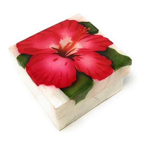Kubla Crafts Red Hibiscus Capiz Shell Keepsake Box, 3 Inches X 3 Inches Cover