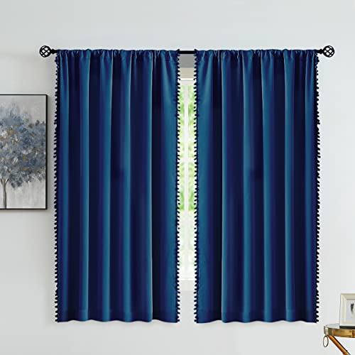 Image of Treatmentex Pompom Blackout Window Curtains Navy Royal Blue Full Blackout Curtains for Bedroom Living Room 63 inch Thermal Insulated Window Curtain Panels 52 inch w x2 Panels Rod Pocket