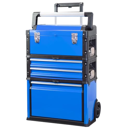 Image of Stackable Rolling Tool Box Portable Metal Toolbox Organizer with Wheels and 2 Drawers Separate Rolling Upright Trolley Tool Chest for Garage or Workshop, Blue