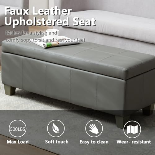 Image of 41 inch Storage Ottoman, Storage Bench with Safety Hinge, Upholstered Synthetic Leather Ottoman Bench for Bedroom, Living Room, Entryway, Hallway, Foot Rest, Support 500lbs, Grey
