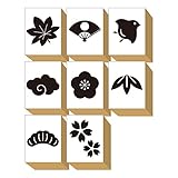 スタンプ かわいい おしゃれ ハンコ 木製 ゴム印 セット 便利 日本製 エコ 素材 和風 もみじ 千鳥 松 竹 梅 さくら 桜 雲 便箋 一筆箋 年賀状 プレゼント 日本製 (#32)