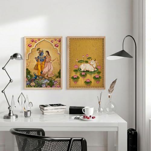 Image of TheMakerly Traditional Indian Wall Painting Set of 2 | Radha Krishna Wall Art Frames | Vintage Religious Wall Decor for Living Room Bedroom Home Temple (KR03, 13x19 inches)