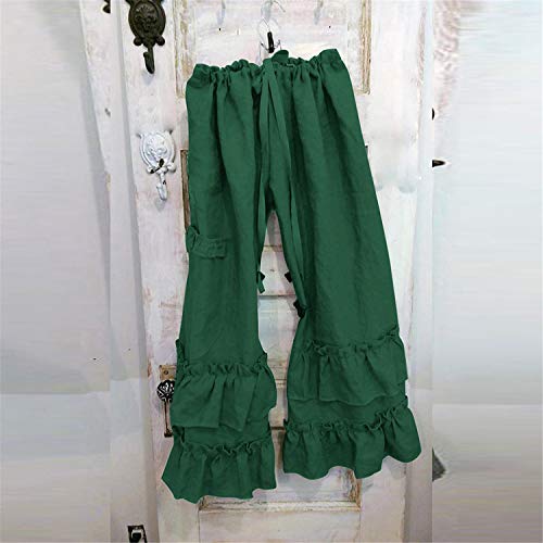 Womens Casual Ruffled Loose Pocket Pants Plus Size Cotton Linen Folds Pants Wide Leg Solid Color Hem Elastic Waisted Trousers (Green,X-Large)2