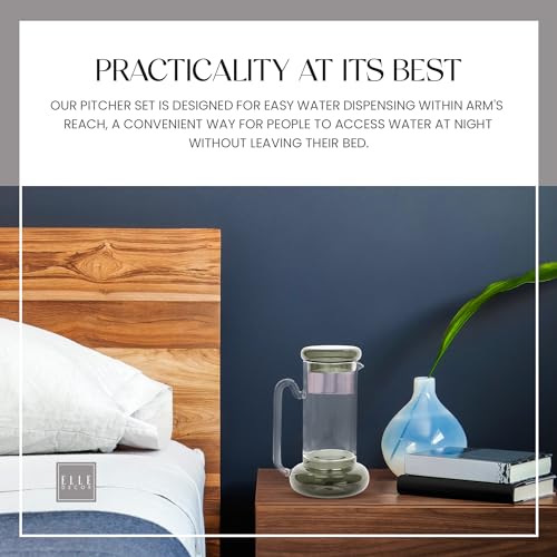 elle decor Bedside Pitcher Set | 32-Ounce Carafe with Cup | Tumbler Doubles as A Lid | Made of Borosilicate Glass | For Guest Room, Nightstand, Office, or Gift (Gray)
