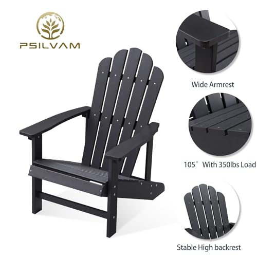 Image of Psilvam Classic Adirondack Chair, Standard-Sized Poly Lumber Fire Pit Chair, 350Lbs Support Weather Resistant Patio Chairs for Garden, Party, Beach(Black)