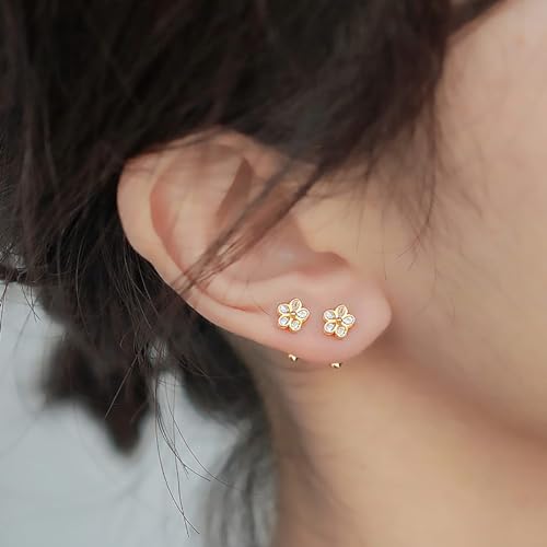 18K Gold Plated Sterling Silver Cubic Zirconia Screw Back Small Trendy Dainty Cute Flower Stud Earrings for Women with Jewelry Rose Box4