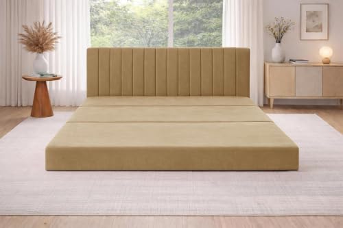 Image of Rosebell -3 Seater Armless Sofa Cum Bed with Backrest | Soft Velvet Fabric Finish | Modern Living Room & Bedroom -Golden-Color