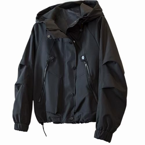 [Vasarhely] マウンテンパーカー レディース ジャケット アウター ミドル丈 スプリングコート ブルゾン フード付き 通勤 春 秋 オシャレ カジュアル (JP, アルファベット, 2XL, ブラック)