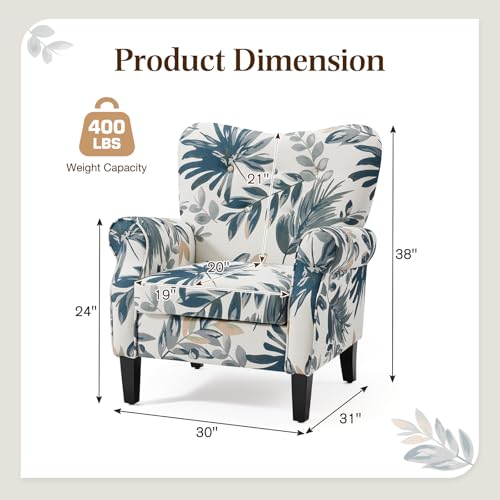 YOLENY Modern Accent Chair,High Back Armchair,Upholstered Fabric Button Single Sofa with Wooden Legs for Living Room,Bedroom,Blue Leaves - Image 3