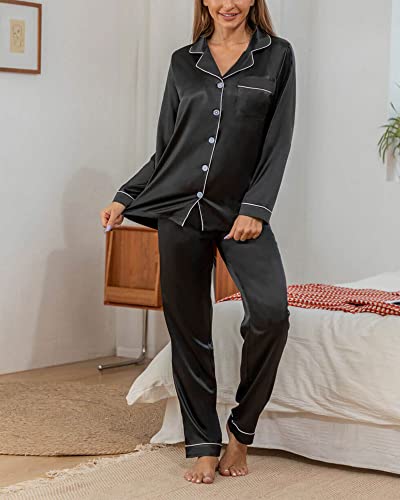 Yimanie Womens Pajamas Silk Satin Pajama Sets For Women Soft Button Down Womens Loungewear Set With Pockets Black #TOP3