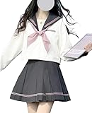 [CAWILXHA] 【まるこの猫柳】 グレー ピンク セーラー服 長袖 半袖 刺繡 高校 制服 スカーフ サイドファスナー 学生 靴下付き (M, 長袖セット)