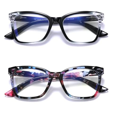 Areyeth 2 Pair Oversized Square Trendy Reading Glasses for Women, Blue Light Blocking Computer Readers with Flexible Spring Hinge(Multicolor + Black, 1.50) Cover
