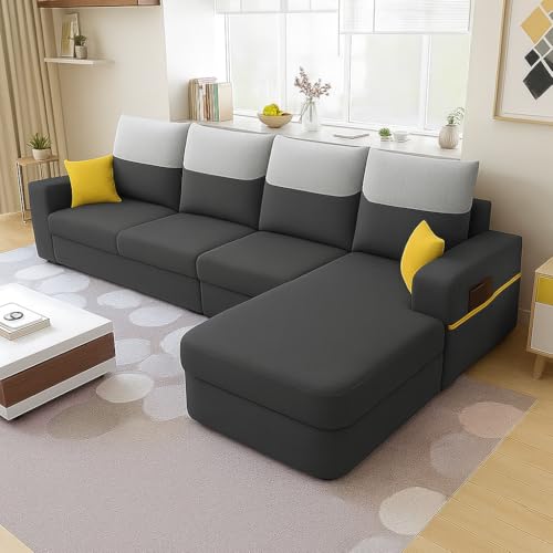 Image of FURNY Premium Amega 6 Seater Fabric RHS L Shape Sofa Set for Living Room with Dual Color Cushions (Dark Grey)