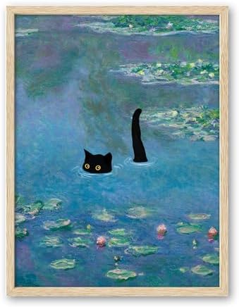 iHery Natural OAK Wood Framed Wall Art, 12x16in Claude Monet Waterlily Funny Black Cat Artwork Set of 1, Canvas Bedroom Wall Decor, Vintage Painting Impressionism Landscape for Bathroom Living Room