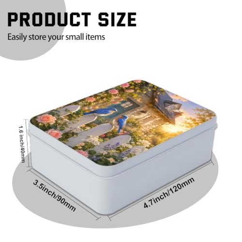 Image of Decorative Metal Tin Box with Lid,Bluebirds Fence Flower Organizer