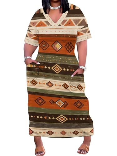 Image of Plus Size Maxi Dress for Women Short Sleeve V Neck Casual Loose Sundress with Pockets