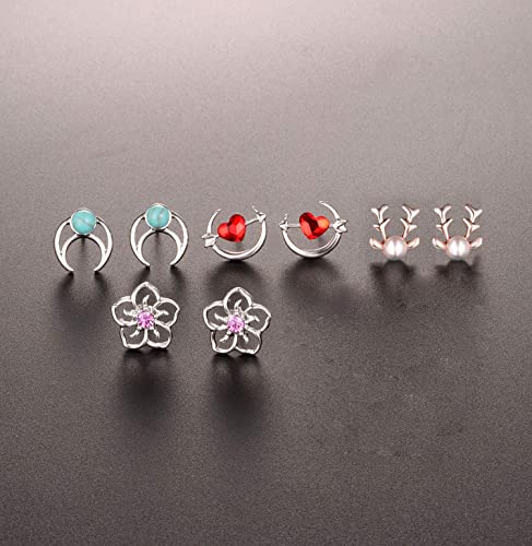 32 Pairs Assorted Stainless Steel Stud Earrings for -s Women Women-Cute Animal Faux Pearl Cat Elephant Sun Moon Star CZ Twise Heart Geometric Pattern Small Statement Bar Stud Earring Set (#5) - Thumbnail 4