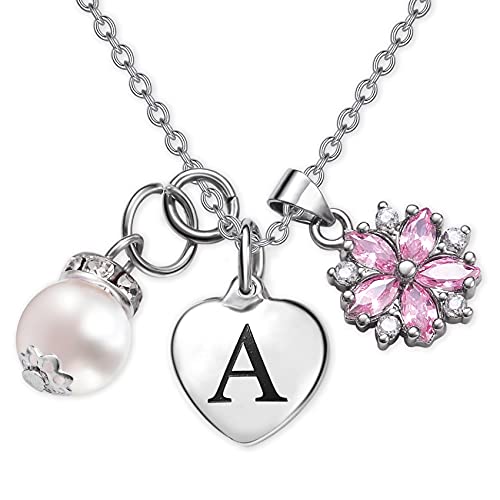 Tawdull Collar con colgante de letra de niña de las flores para niñas con inicial de la A a la Z en forma de corazón, collar de perlas delicadas, regalo de boda, regalo de cumpleaños Cover