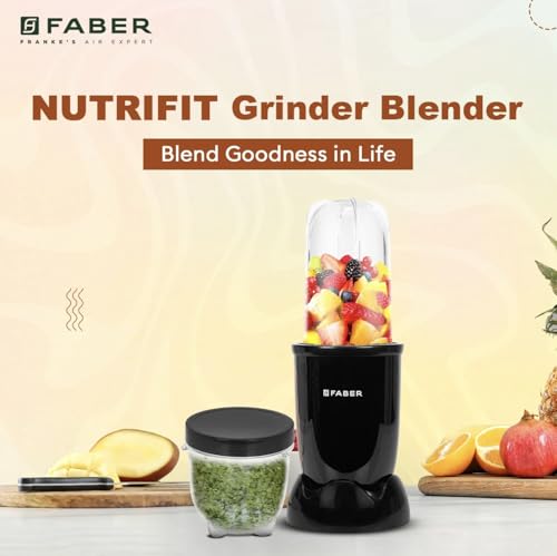 Image of Faber Sportz 2-in-1 Nutrifit Nero Blender Mixer Grinder - 550W, 100% Copper Motor, Detachable SS Blade, 500ML & 300ML Jars, Wet & Dry Grinding, Smoothie Maker, 2 Year Warranty