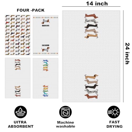 Image of Hanamiya Na 4 Pcs Cute Dachshund Kitchen Towels 24x14 Inch, Dachshund Gifts Reusable Dish Towels for Kitchen Bathroom Decor, Waffle Weave Absorbent Tea Towel, Weiner Dog Gifts for Women Mom Friend