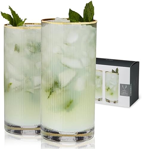 Viski Meridian Highball Glasses Set of 2 - Vintage Drinking Glass, Art Deco Ripple Glassware Design, 15oz Gold Rimmed Collins Glasses Set - Thumbnail 5