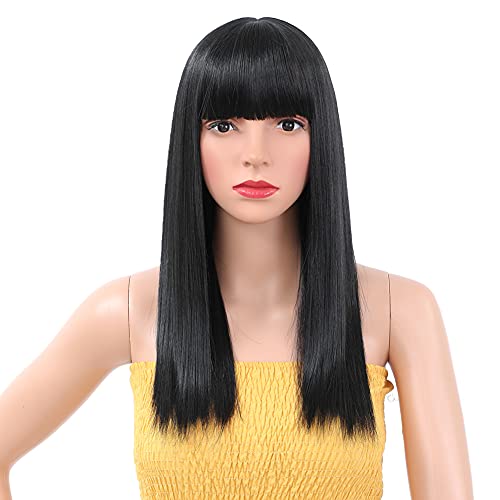 seelaugh Negra Pelucas con flecos para mujer Pelucas con flequillo largas y rectas Peluca negra de 45 cm Long Black Wig with Fringe Bangs Synthetic Heat Resistant Straight Hair Cover