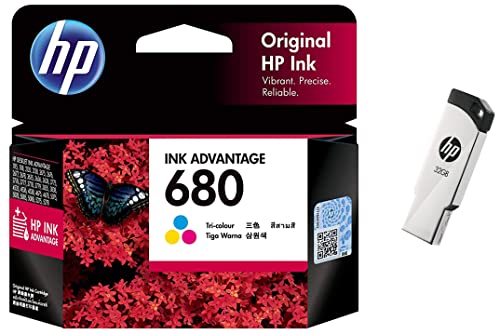 Image of HP 680 Tri-Color Original Ink Advantage Cartridge & v236w 32GB USB 2.0 Pen Drive, Grey